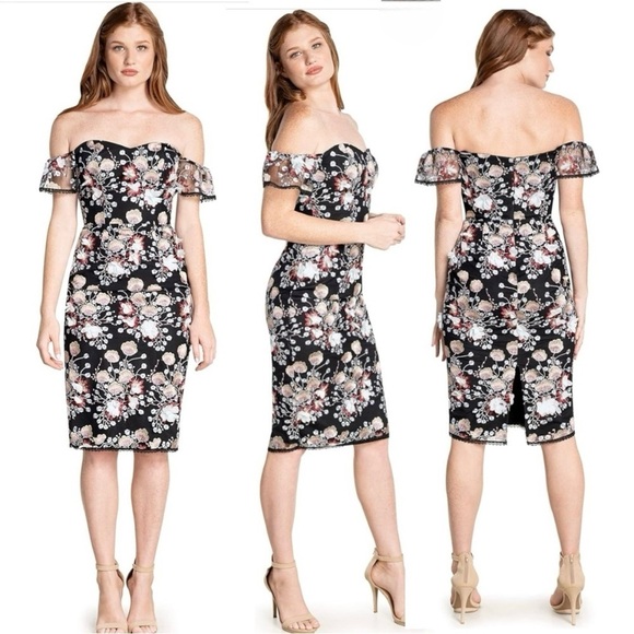 Dress the Population Tara 3D Floral Off the Shoulder Midi Mini Dress size Small - Picture 1 of 9